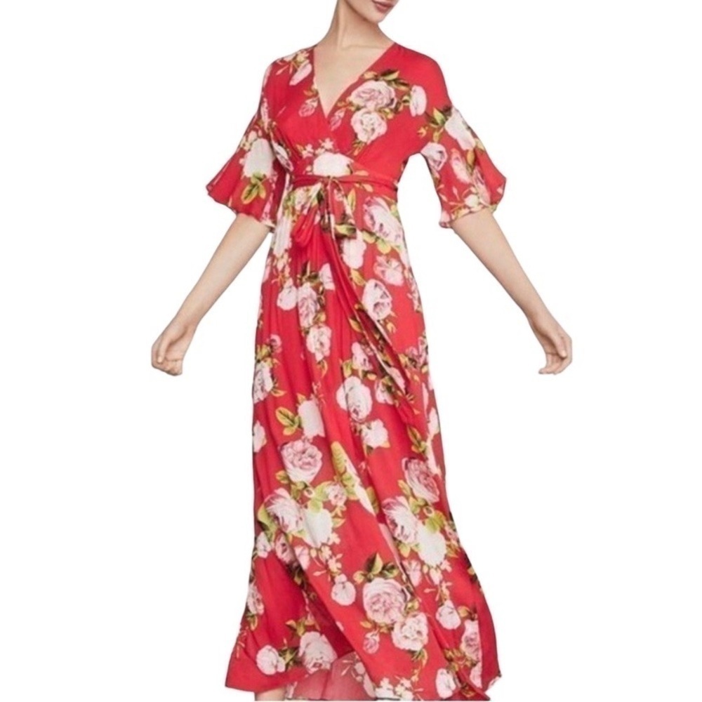 BCBG Red Floral Short Sleeve Flutter Sleeve Wrap Maxi Dress - Size M